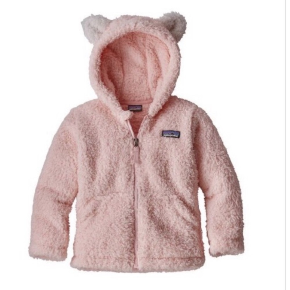 PATAGONIA Furry Friends Hoody Pink white Fleece Hooded Jacket 5T zipper